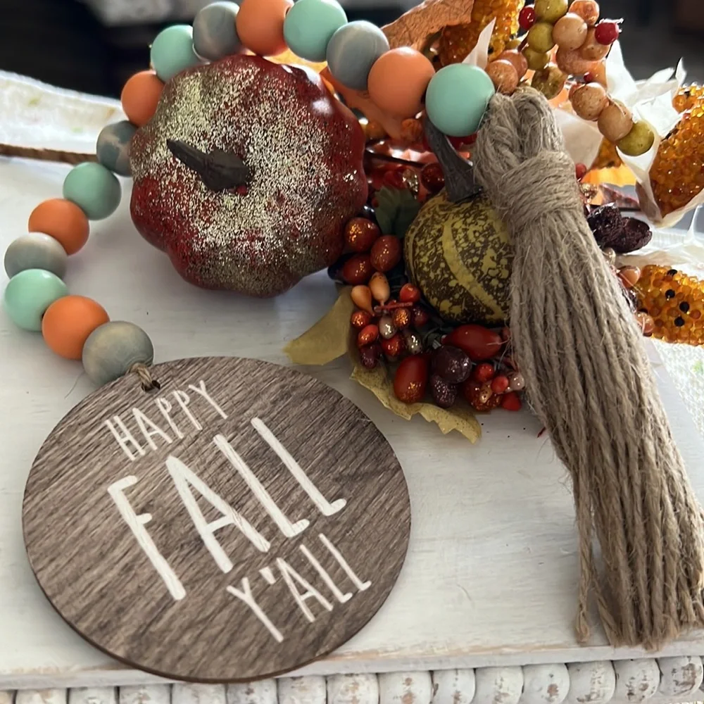 HAPPY FALL Y’ALL Wood Beaded Tiered Tray Fall Decor - Picture 2 of 4